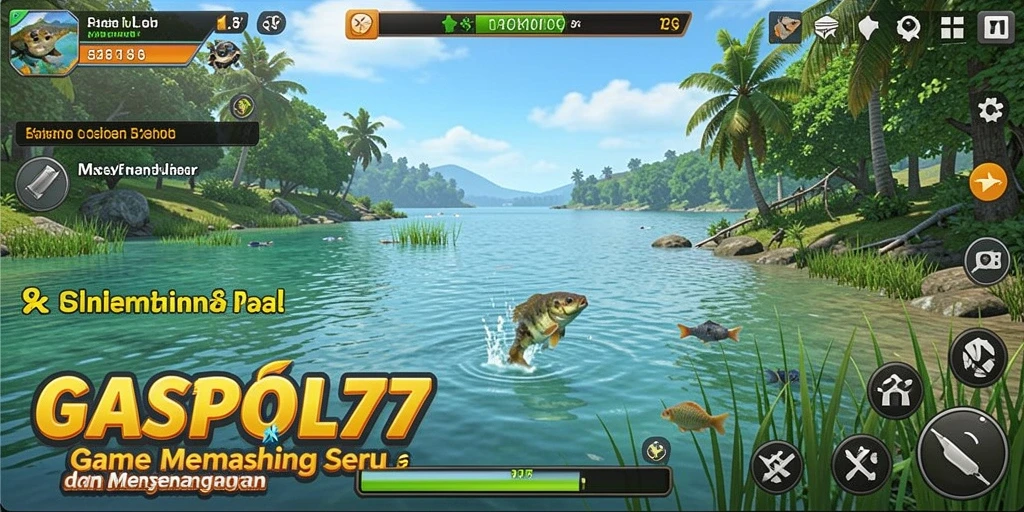 Screenshot utama GASPOL77 menampilkan pemain yang sedang asyik memancing di danau.