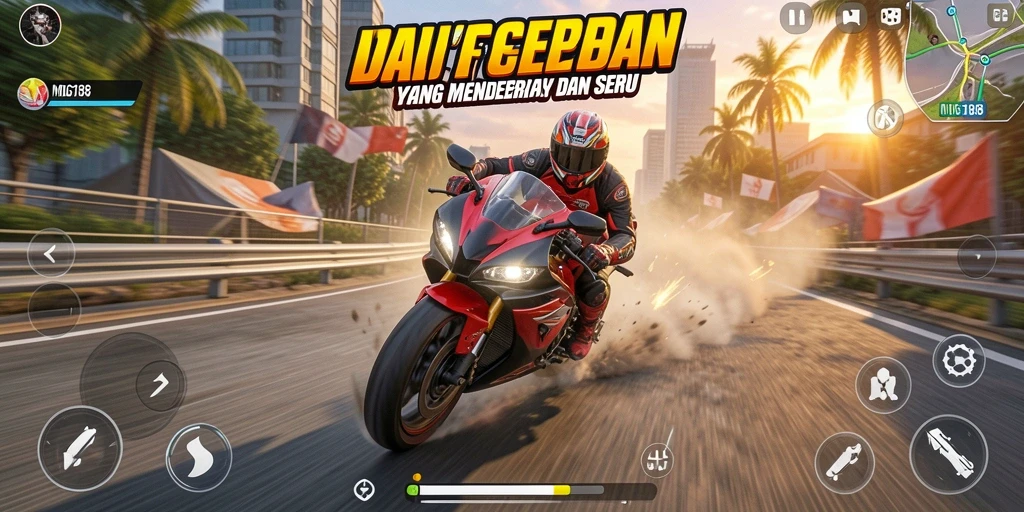 Tampilan screenshot dari gameplay balapan sepeda motor yang intens.
