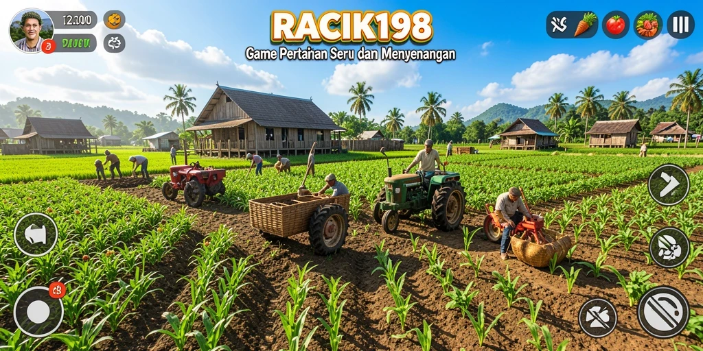 Screenshot gameplay akhir panen di RACIK198 yang penuh warna.