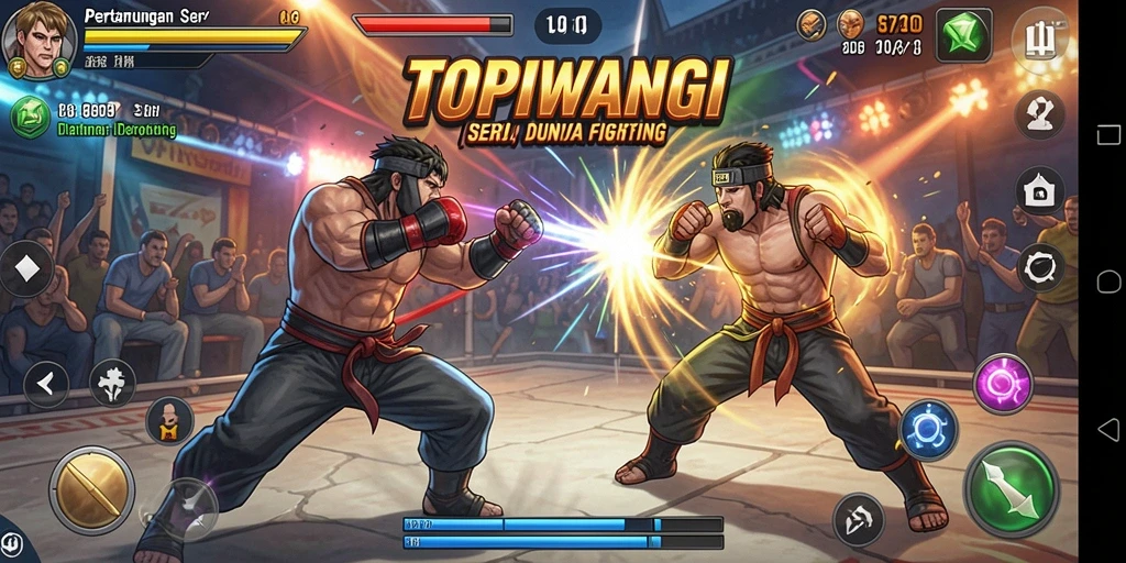 Screenshot utama TOPIWANGI menampilkan pertarungan dinamis dan karakter yang menarik.